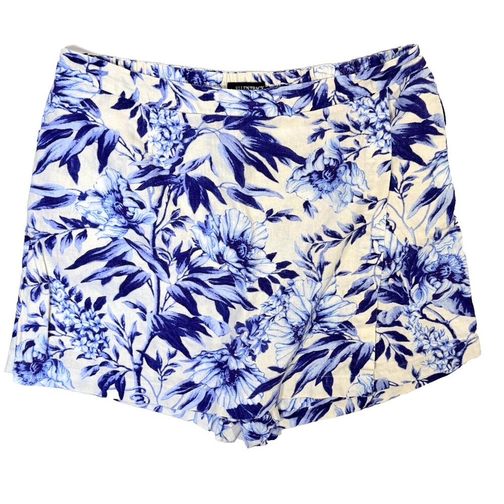 Ellen Tracy Skort Shorts Women's XL 16/18 Blue White Tropical Floral Linen